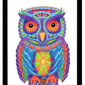 Psychedelic Owl, Archival matte fine art paper, art print, giclee, wall art, Original artwork made with pen, pencil, and watercolor pencil.