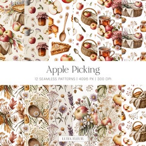 Könnte beinhalten: Aquarell-Nahtlosmuster mit Äpfeln, Körben, Honigwaben und floralen Elementen. Der Text "Apple Picking" wird zusammen mit Details zur Auflösung der Muster und dem Namen des Künstlers angezeigt.