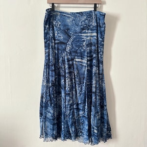 Vintage Coldwater Creek Blue Patchwork Stitched Flowing Midi Skirt