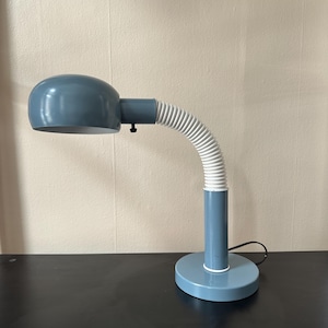 Op de afbeelding: Een blauwe bureaulamp met een afgeronde kap en een flexibele, witte, geribbelde nek. De lamp heeft een cirkelvormige voet en een zwart netsnoer. De lamp is ongeveer 30 cm hoog.