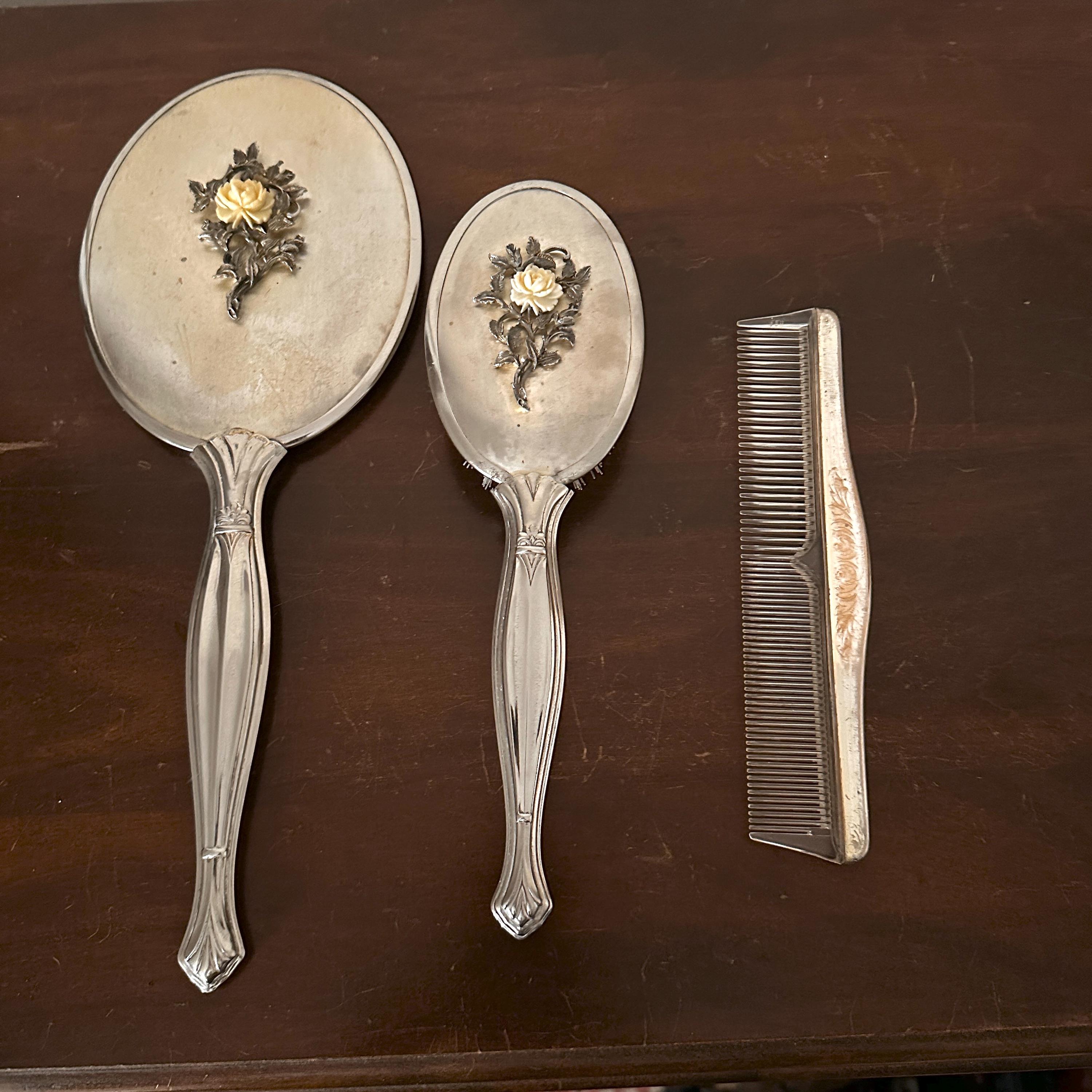 1940s Silver Plated Brush, Comb, Hand Mirror Vanity Set with Hollywood Regency Floral Motif