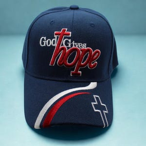 May include: A navy blue baseball cap featuring the embroidered white text God Gives and the red text hope across the front. The curved brim displays a white and red swooping stripe design along with a white embroidered cross symbol on the side.