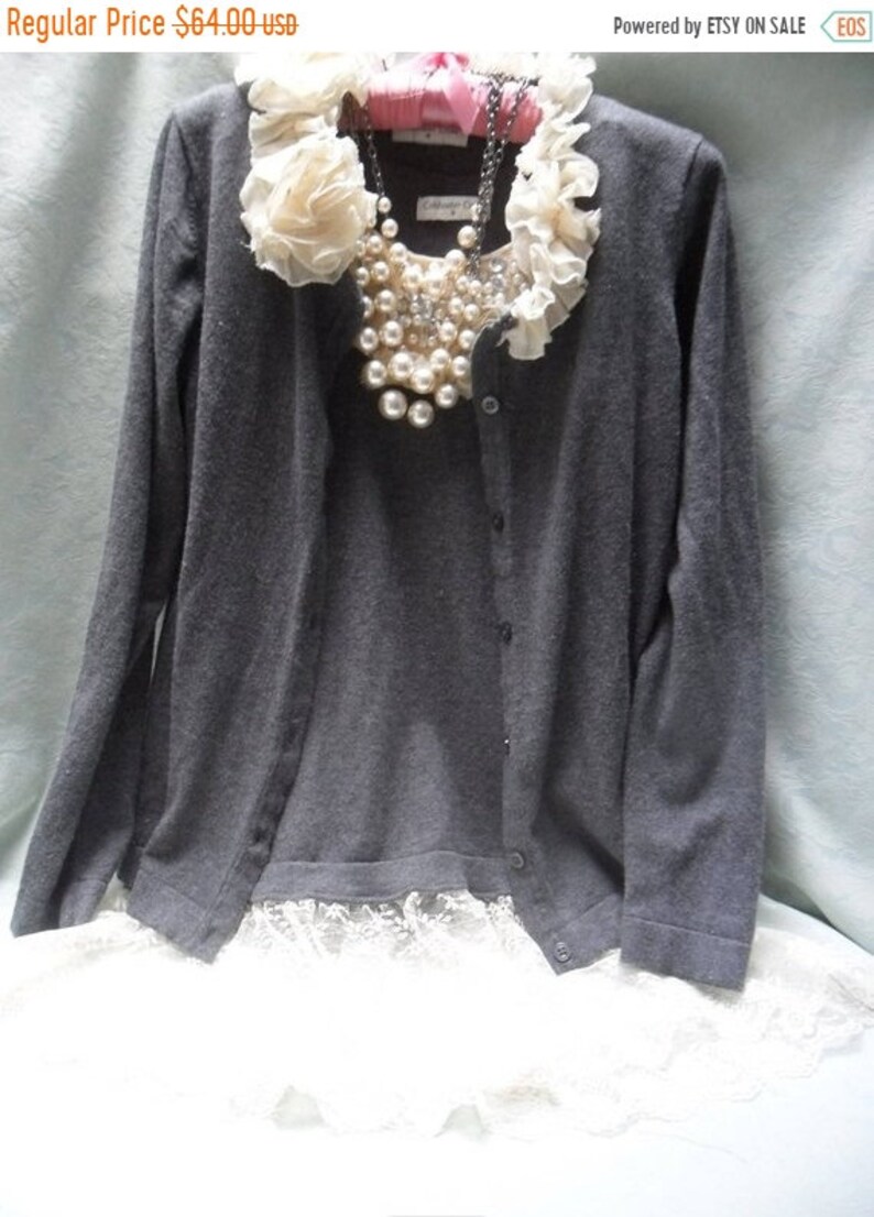 Gray /& Ivory Love the 20s Sale 2 PC Sweater Set Reworked Gently Worn Embellished Whimsical Romantic Boho