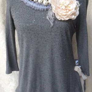 TUNIC Top Sidetail Boho Romantic Laces Alerted Clothing Whimsical Chiffon Embellishments - Gray and Ivory