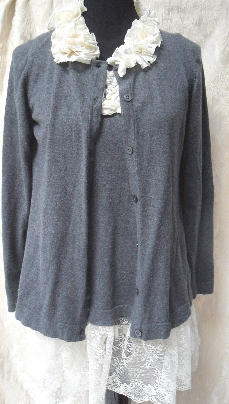 Gray /& Ivory Love the 20s Sale 2 PC Sweater Set Reworked Gently Worn Embellished Whimsical Romantic Boho
