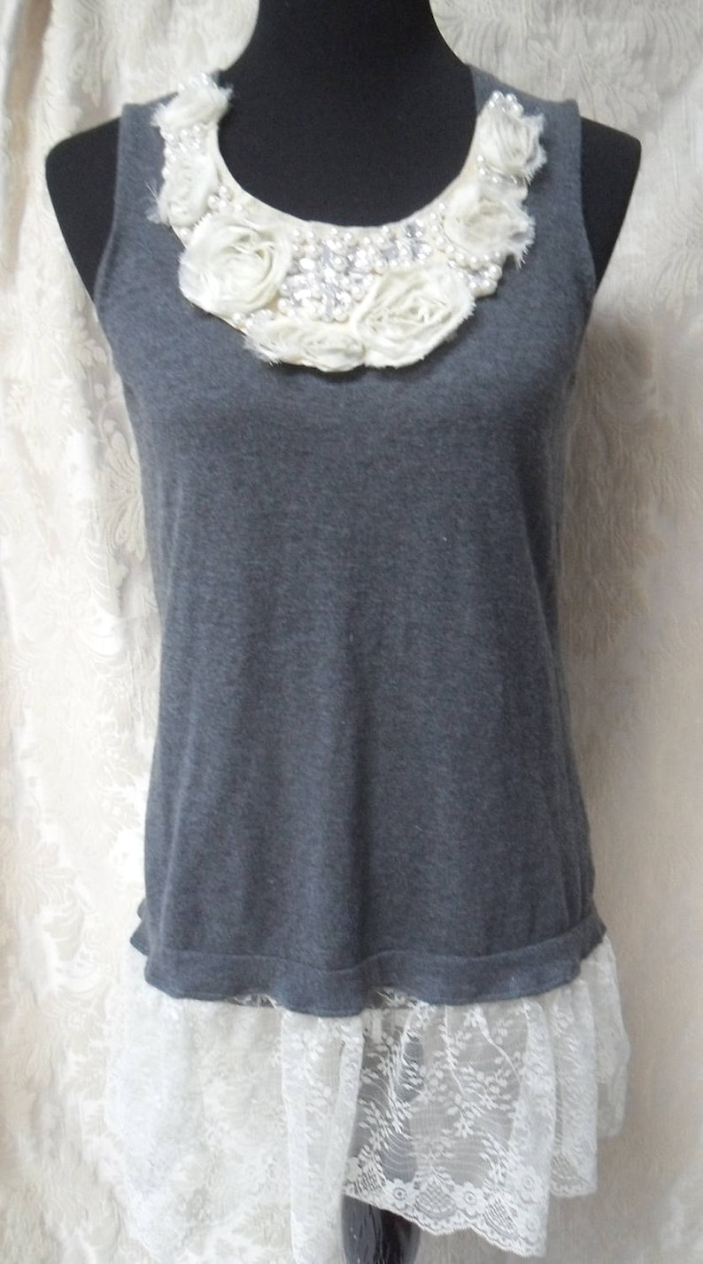 Gray /& Ivory Love the 20s Sale 2 PC Sweater Set Reworked Gently Worn Embellished Whimsical Romantic Boho