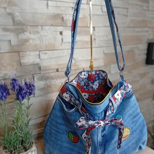 Pop culture tote bag / denim tote bag with min&#39;s and patch