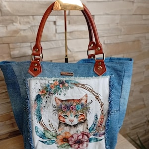 Recycled denim tote bag / cat print tote bag