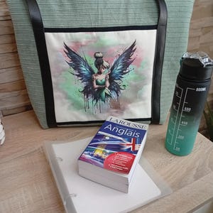 Green velvet tote bag / fairy motif shopping bag