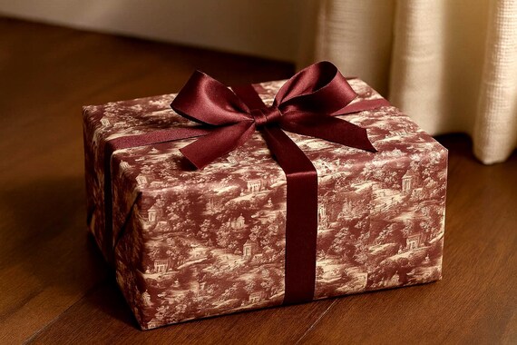 Toile Burgundy Wrapping Paper: Elegant Matte or Satin Finish