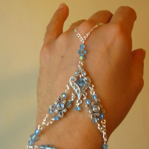 Slave Bracelet Hand Adornment in Aquamarine Swarovski Crystals, Belly Dance, Weddings, Medieval