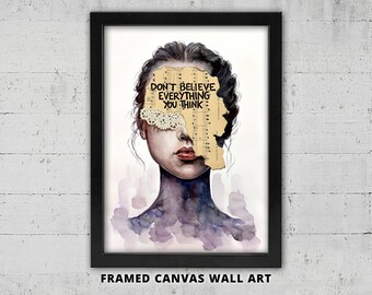 No creas todo lo que piensas, lienzo enmarcado para pared: póster con cita psicológica minimalista