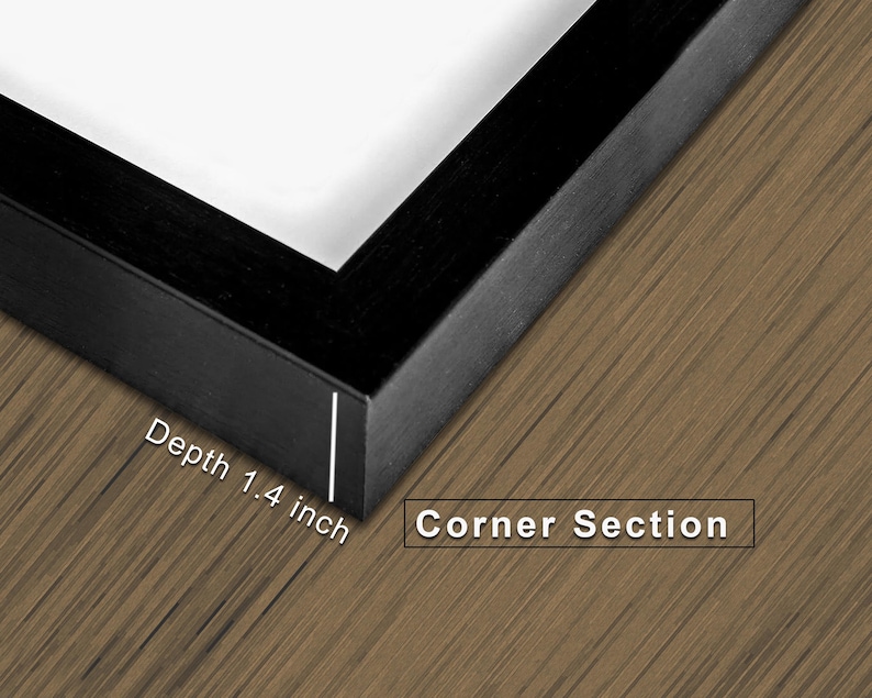 May include: Close-up of a black picture frame corner. The frame has a depth of 1.4 inches. The text "Corner Section" is visible in a small box. The frame is on a brown wooden surface.