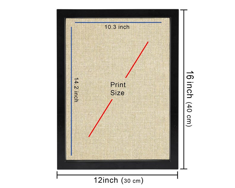 Puede incluir: Un marco negro con una impresi&oacute;n beige. Las dimensiones est&aacute;n indicadas: 40 cm de alto y 30 cm de ancho. El tama&ntilde;o de la impresi&oacute;n se indica con una l&iacute;nea roja. El texto "Print Size" es visible.