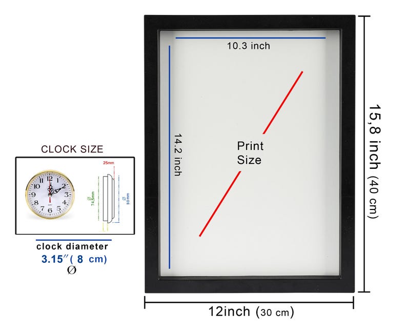May include: A black framed print with dimensions labeled as 12 inches by 15.8 inches (30 cm x 40 cm). The print area is 10.3 inches by 14.2 inches. A small clock with a 3.15-inch (8 cm) diameter is also shown.