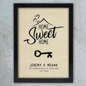 New Home Housewarming Gift Home Sweet Home Framed Linen, Custom Address Sign New Homeowner Real Estate Closing Gift Agent House Warming Gift