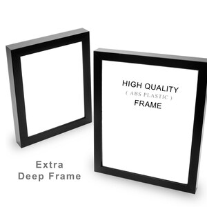 Puede incluir: Dos marcos cuadrados negros con interiores blancos se muestran sobre un fondo blanco. Los marcos est&aacute;n etiquetados como "HIGH QUALITY (ABS PLASTIC) FRAME" y "Extra Deep Frame".