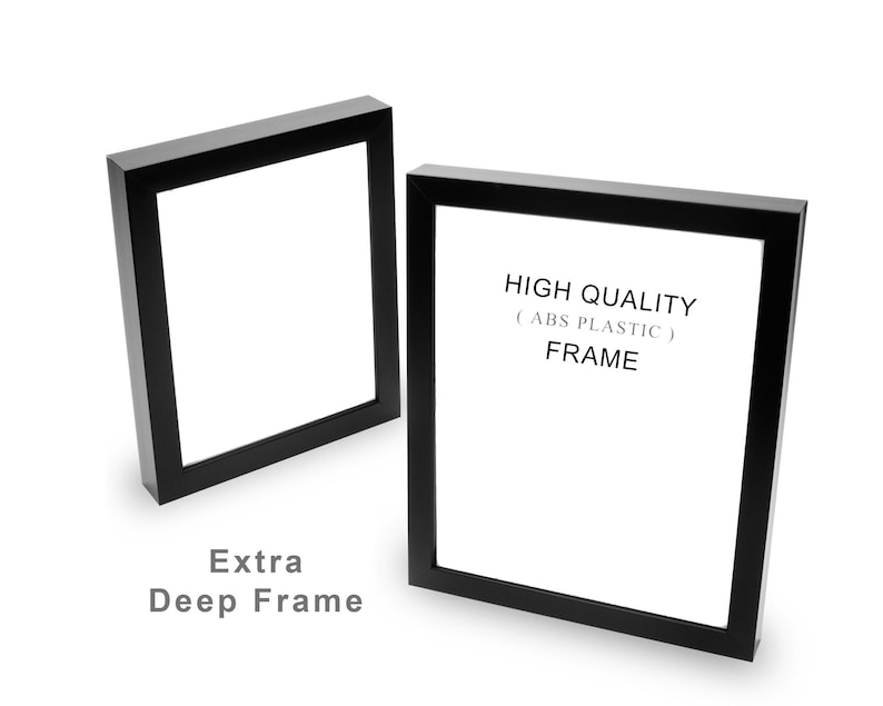 Puede incluir: Dos marcos cuadrados negros con interiores blancos se muestran sobre un fondo blanco. Los marcos est&aacute;n etiquetados como "HIGH QUALITY (ABS PLASTIC) FRAME" y "Extra Deep Frame".