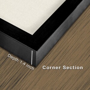 Puede incluir: Primer plano de una esquina de marco negro con una profundidad de 3,5 cm. El marco rodea un lienzo color crema. Las palabras "Corner Section" son visibles en texto blanco.