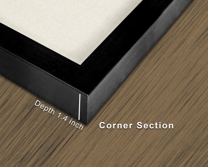 Puede incluir: Primer plano de una esquina de marco negro con una profundidad de 3,5 cm. El marco rodea un lienzo color crema. Las palabras "Corner Section" son visibles en texto blanco.