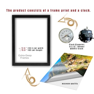 May include: A black extra-deep frame with dimensions of 12.0 inches (30.5 cm) wide and 15.8 inches (40 cm) high. The image also shows a clock mechanism, a clock face with a 3.15-inch (80mm) diameter, and a print labeled "museum quality."