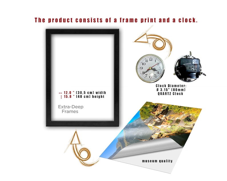 May include: A black extra-deep frame with dimensions of 12.0 inches (30.5 cm) wide and 15.8 inches (40 cm) high. The image also shows a clock mechanism, a clock face with a 3.15-inch (80mm) diameter, and a print labeled "museum quality."