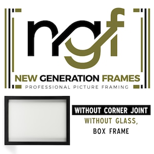 May include: A black box frame with a white interior, displayed against a white background. The frame is rectangular and has a clean, modern design. The image also features the text "NEW GENERATION FRAMES" and "PROFESSIONAL PICTURE FRAMING". Additional text reads "WITHOUT CORNER JOINT, WITHOUT GLASS, BOX FRAME".