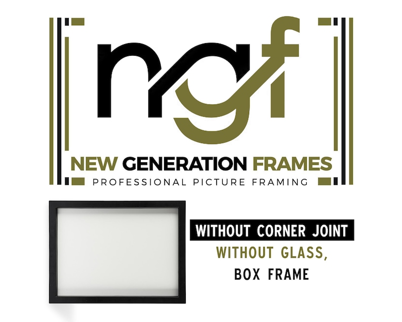 May include: A black box frame with a white interior, displayed against a white background. The frame is rectangular and has a clean, modern design. The image also features the text "NEW GENERATION FRAMES" and "PROFESSIONAL PICTURE FRAMING". Additional text reads "WITHOUT CORNER JOINT, WITHOUT GLASS, BOX FRAME".