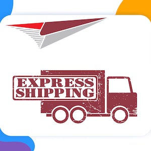 May include: A maroon delivery truck with the words "EXPRESS SHIPPING" in a rectangular stamp. Above the truck is a stylized maroon and gray paper airplane icon, set against a white background with colorful accents.