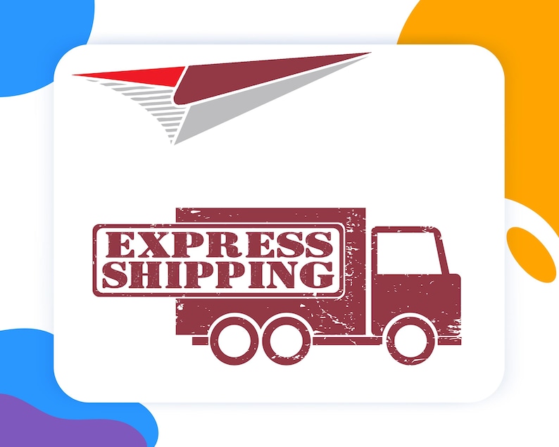 May include: A maroon delivery truck with the words "EXPRESS SHIPPING" in a rectangular stamp. Above the truck is a stylized maroon and gray paper airplane icon, set against a white background with colorful accents.