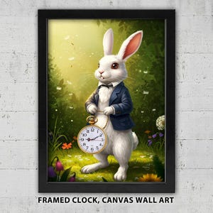 May include: A framed print depicting a white rabbit in a blue jacket and bow tie, holding a pocket watch. The image is set in a forest scene with flowers and greenery. The text "FRAMED CLOCK, CANVAS WALL ART" is at the bottom.