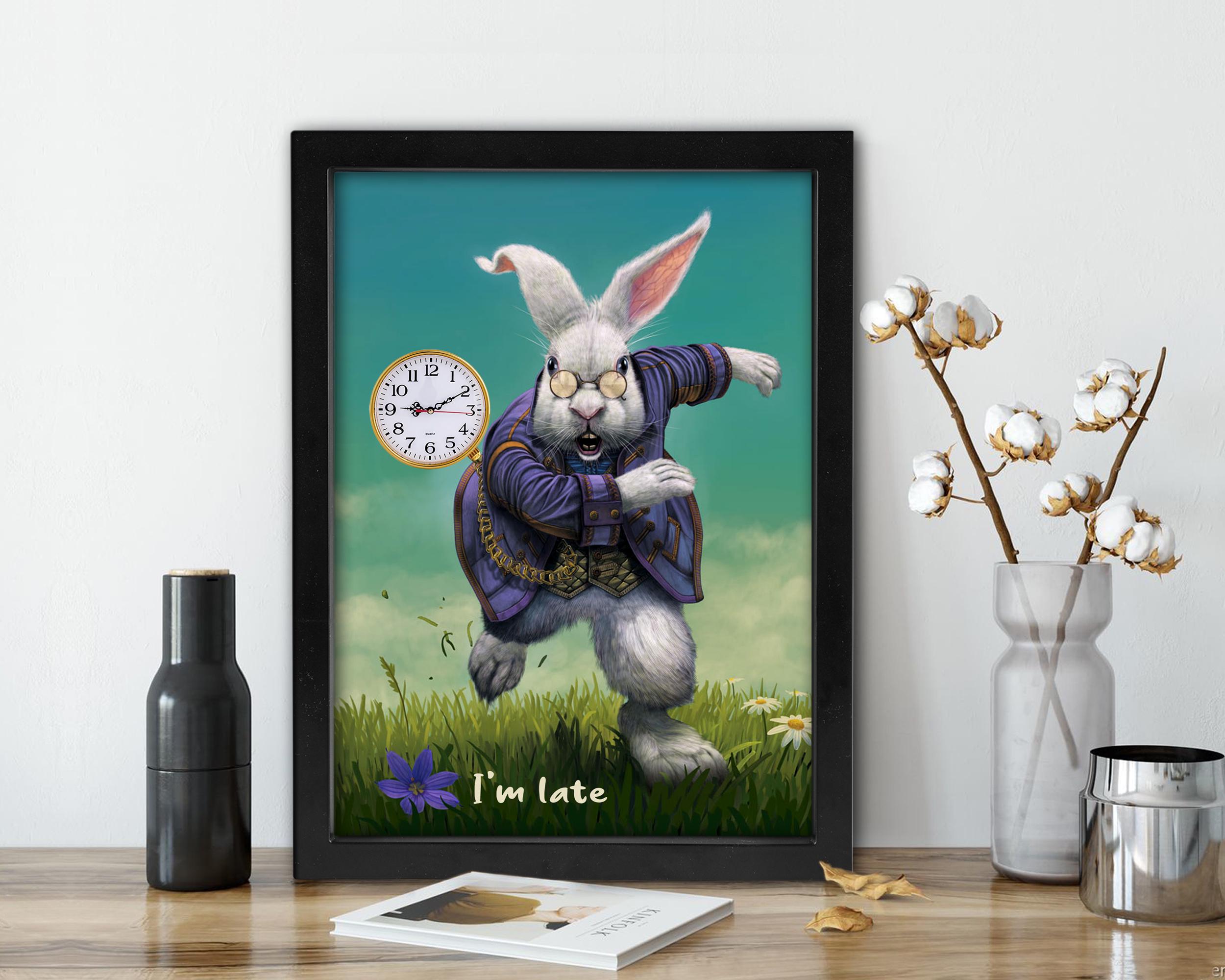 Alice in Wonderland Clock: White Rabbit Framed Wall Art, Battery