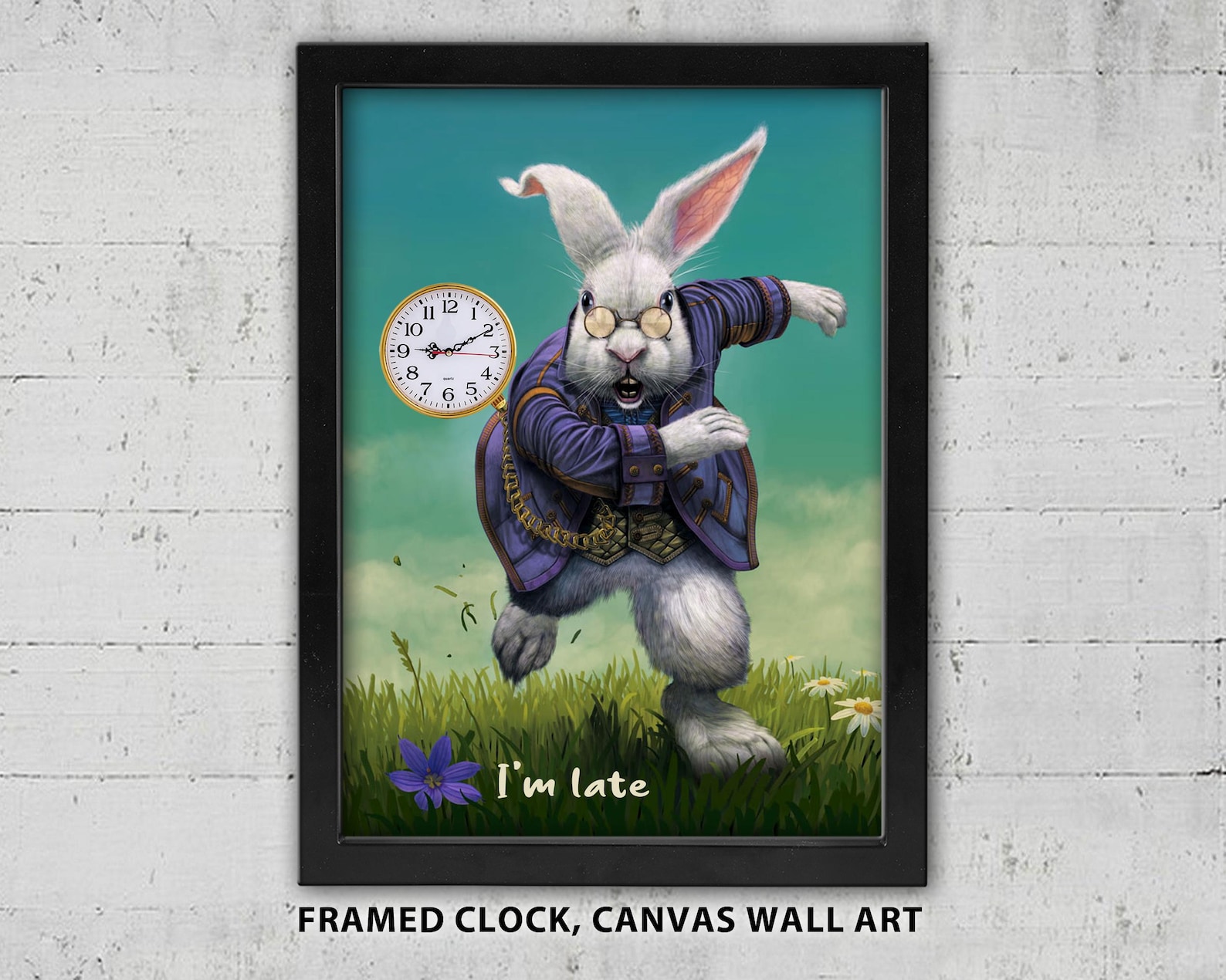 Alice in Wonderland Clock: White Rabbit Framed Wall Art, Battery Operated