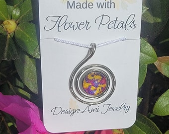 flower petal wire swirl pendant. made with flower petals. ready to ship