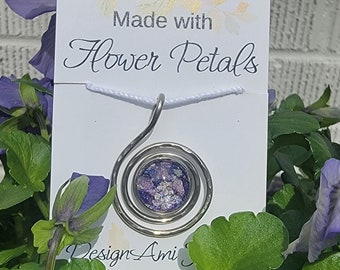 flower petal wire swirl pendant. made with flower petals. ready to ship