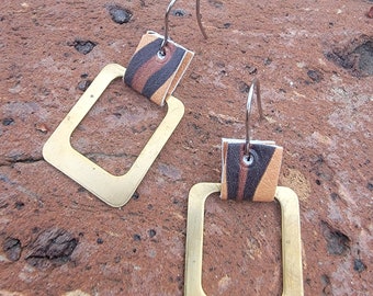 Metal earrings with faux leather. Brass rectangle earrings. made in South Carolina