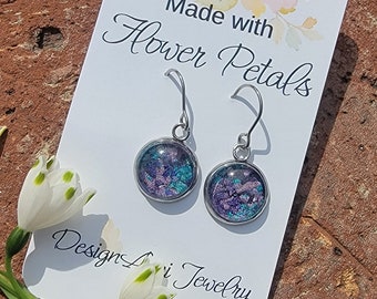 Flower earrings made with hydrangea and iris petals. ready to ship jewelry. Nature inspired jewelry