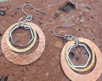 Mixed Metal hammered earrings. Brass and copper round earrings. made in South Carolina