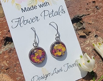 Flower earrings made with Iris, Daffodil and Phlox petals. ready to ship jewelry. Nature inspired jewelry