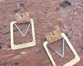 Metal earrings with cork. Brass rectangle earrings. made in South Carolina