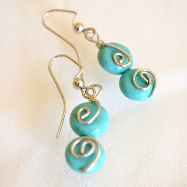 Handmade earrings by Designami-Turquoise gemstone wire wrapped earrings-gift for her