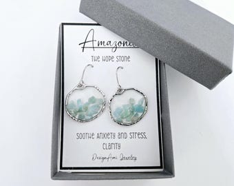Amazonite gemstone earrings believed to sooth stress and anxiety made in South Carolina crystal jewelry with Amazonite crystals gift for her