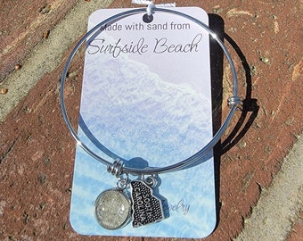 Surfside Beach Sand bangle with charm. Made with Surfside beach sand from South Carolina. Piece of South Carolina in jewelry