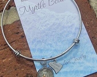 Beach Sand bangle with charm made with Myrtle beach sand from South Carolina. Piece of South Carolina in jewelry