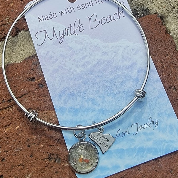 Beach Sand bangle with charm made with Myrtle beach sand from South Carolina. Piece of South Carolina in jewelry