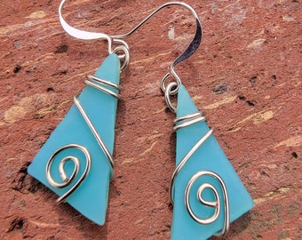 Wire wrapped tumbled glass earrings-turquoise blue glass