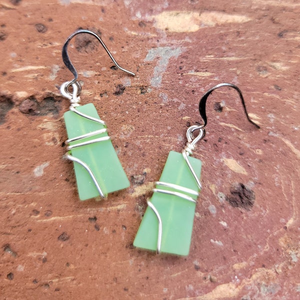 Wire wrapped tumbled glass earrings -Mint Green glass color