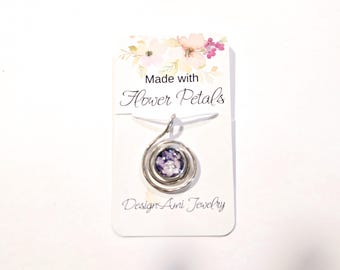 flower petal wire swirl pendant. made with flower petals. ready to ship