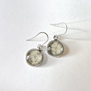 May include: A pair of silver dangle earrings with small round clear glass charms filled with white glitter.