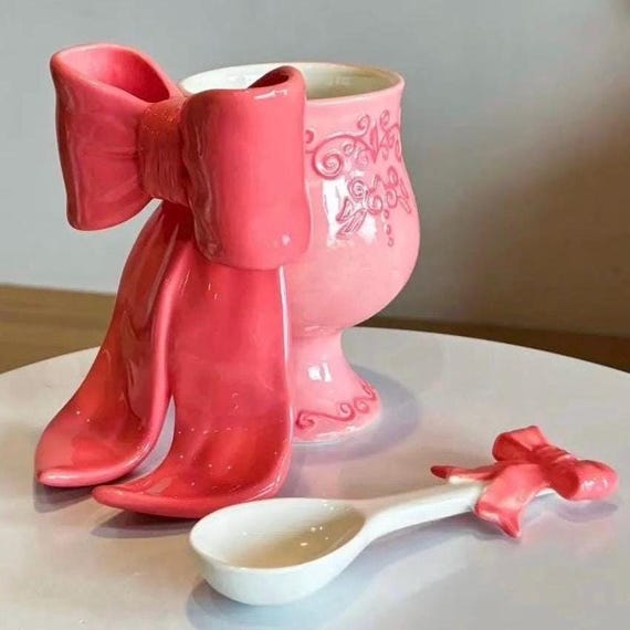 Girly Ceramic Bow Mug With Spoon – Cute Coffee Cup With Big Ribbon